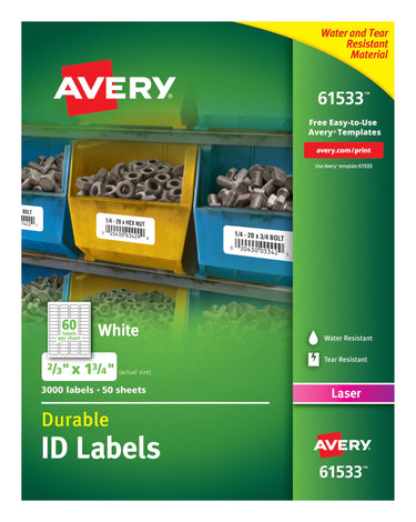 Avery Durable White Cover Up ID Labels for Laser Printers, 0.67 x 1.75, Pack of 3000 (61533) 2/3
